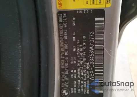 2008 BMW X3 3.0Si из США, поврежденный, VIN WBXPC93458WJ10773